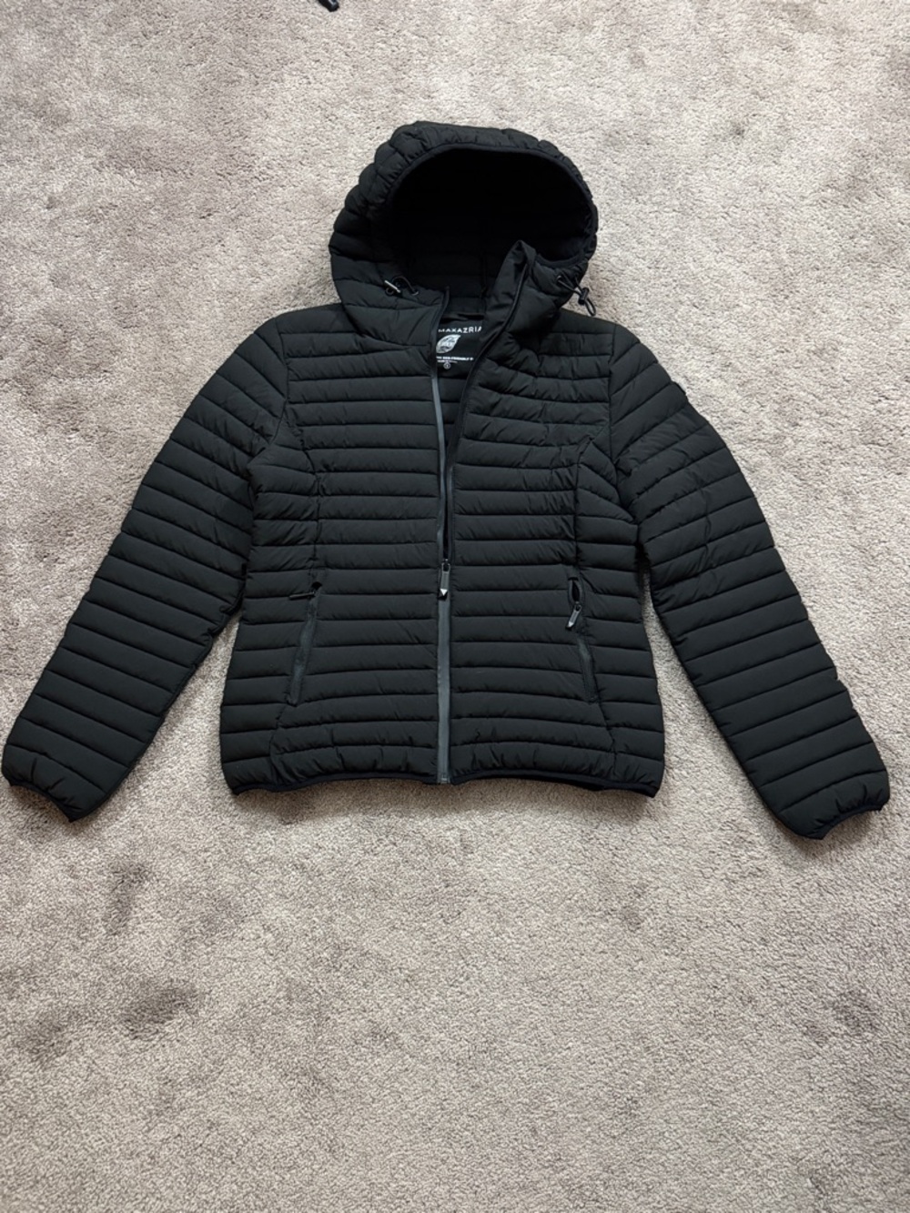 BCBG MaxAzria Black Quilted Puffer Jacket Hooded Lightweight Zip Coat SIZE S